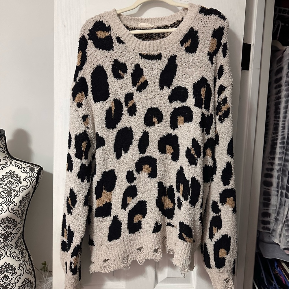 Distressed Chunky Oversized Leopard Pattern Sweater.